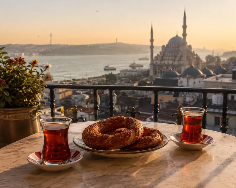 desayuno al amanecer en Estambul con té y simits